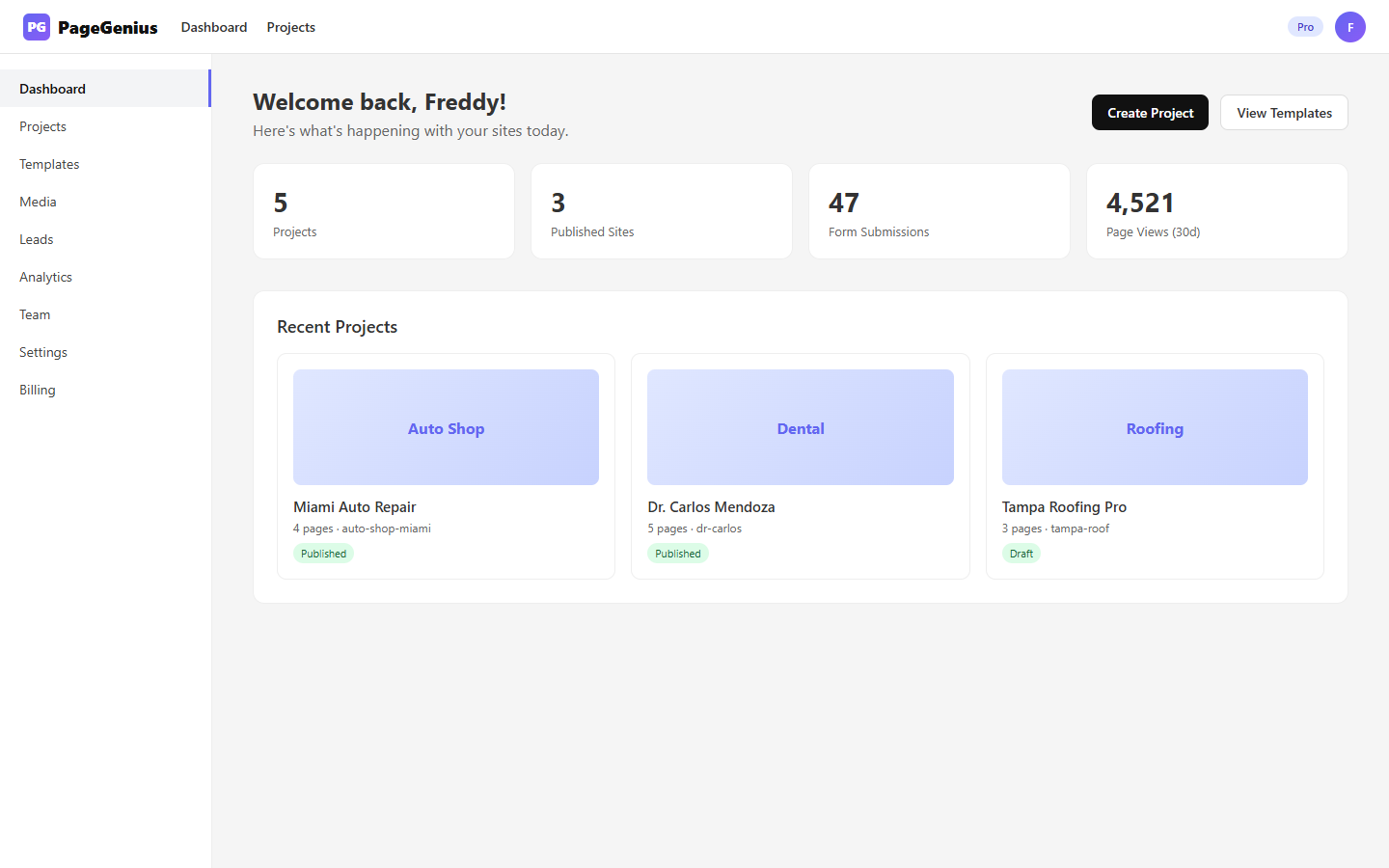 Dashboard de PageGenius